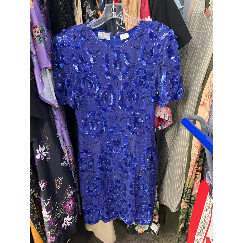 Stenay Vintage Blue Silk Beaded Sequin Floral Cocktail Dress Size 4 India
